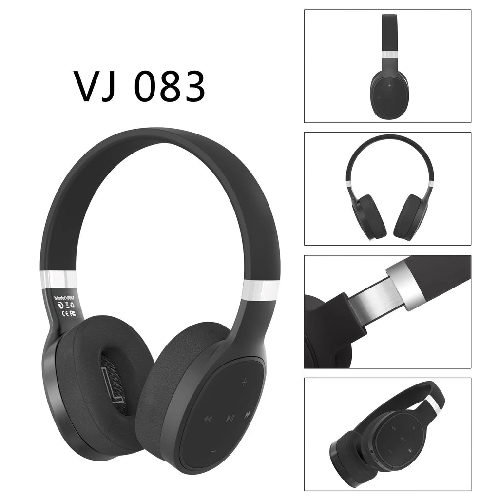 Wireless Bluetooth over-ear headset shown in black, blue, grey, or white colour options.