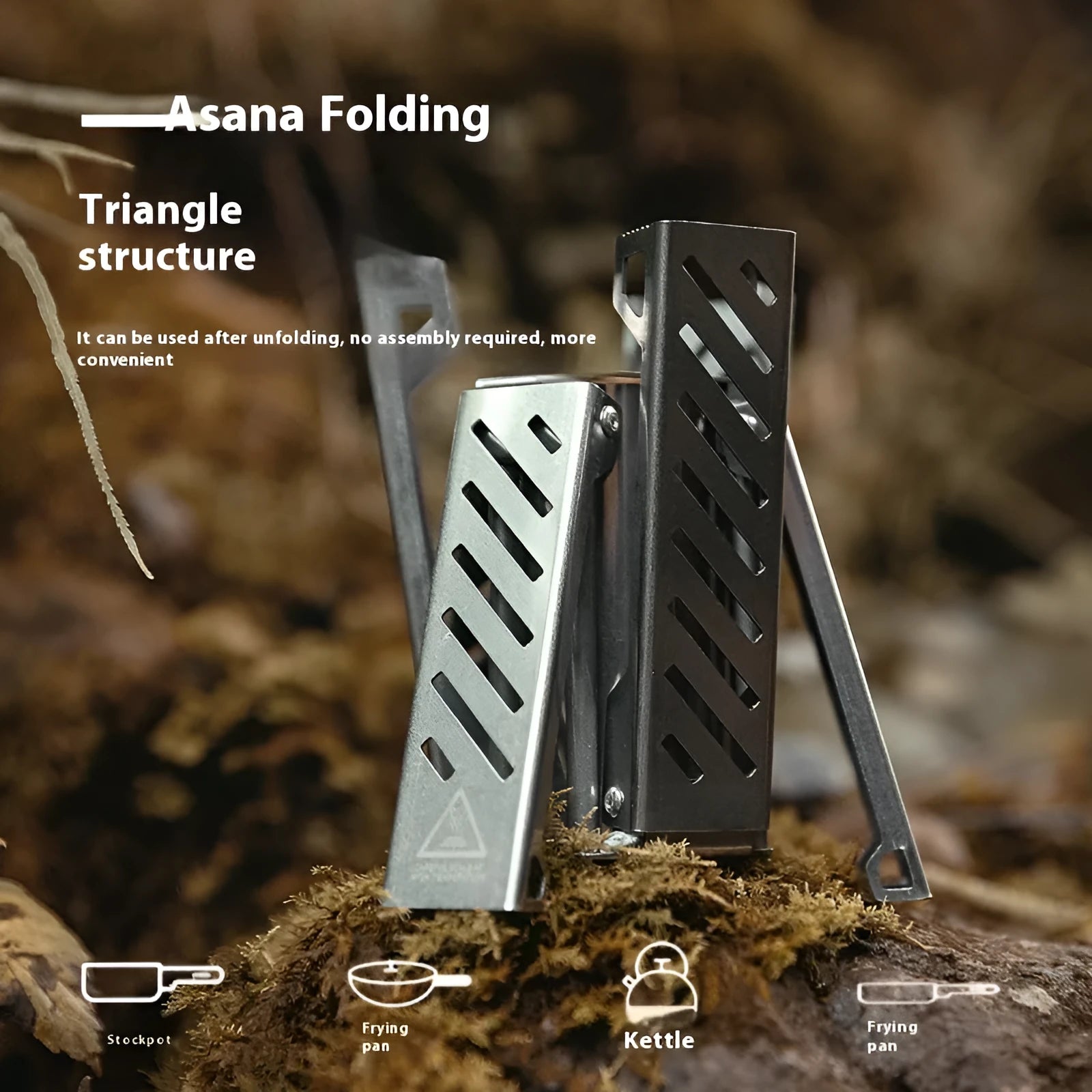 Hexagon foldable alcohol camping stove showing black colour option with dimensions
