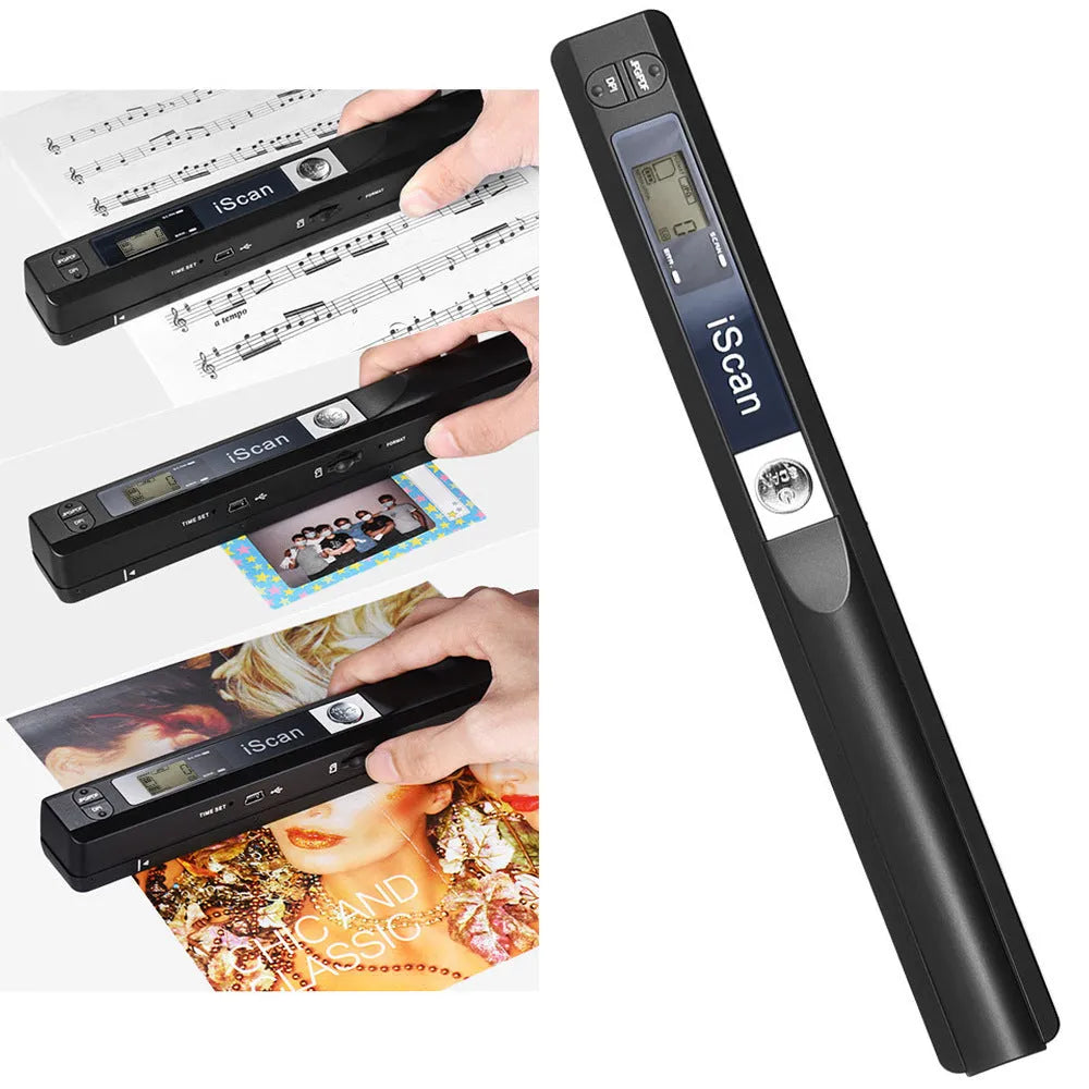 Handheld USB scanner in black, blue, green, red, and silver colour options on a desk.