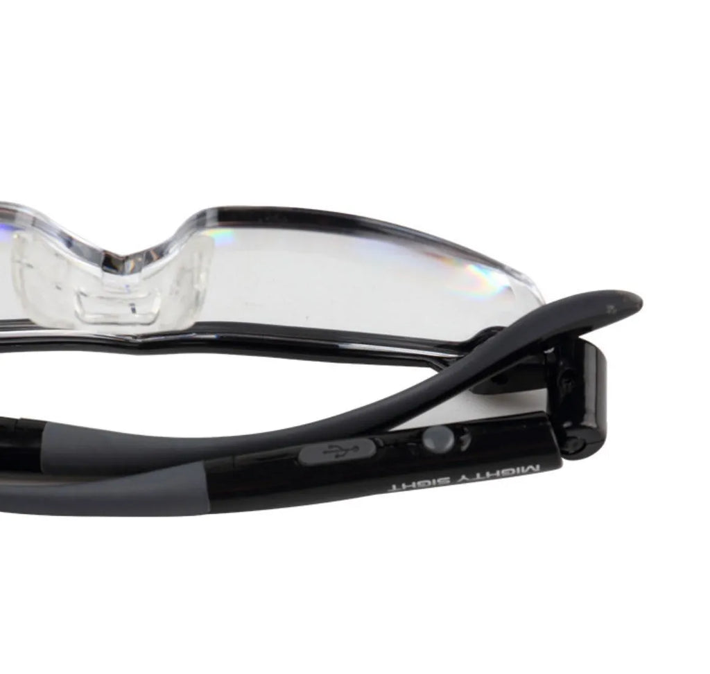 Transparent black USB LED reading glasses with programmable scheduled lighting control