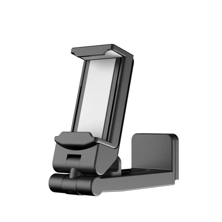 Foldable rotating universal phone holder in black, grey, or green colour showing its adjustable clamp and legs.