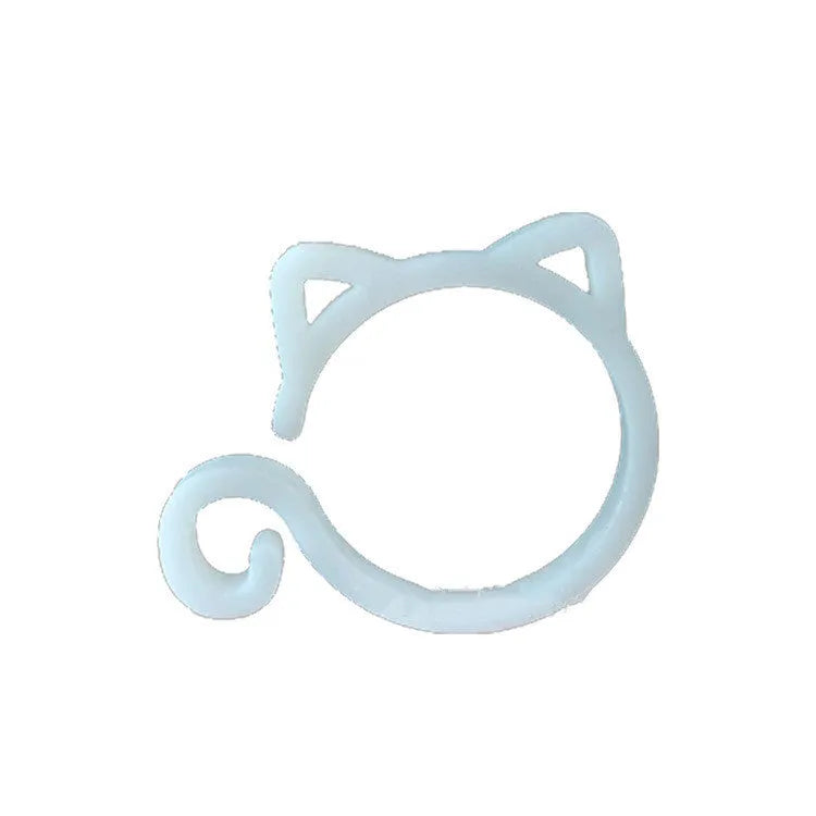 Cat-shaped plastic plant clip in garden with colourful options shown