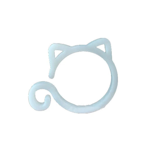 Cat-shaped plastic plant clip in garden with colourful options shown