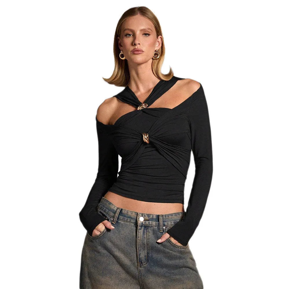 Black women's halter top with strapless shoulder-baring design and slim fit silhouette