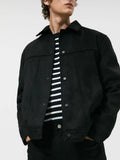 Black men's hooded jacket with suede collar, cotton blend fabric, and side seam pockets