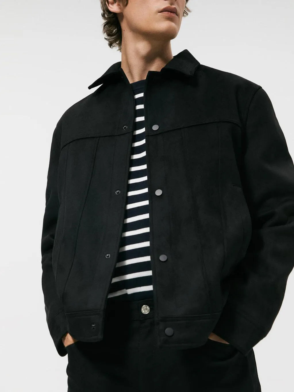 Black men's hooded jacket with suede collar, cotton blend fabric, and side seam pockets
