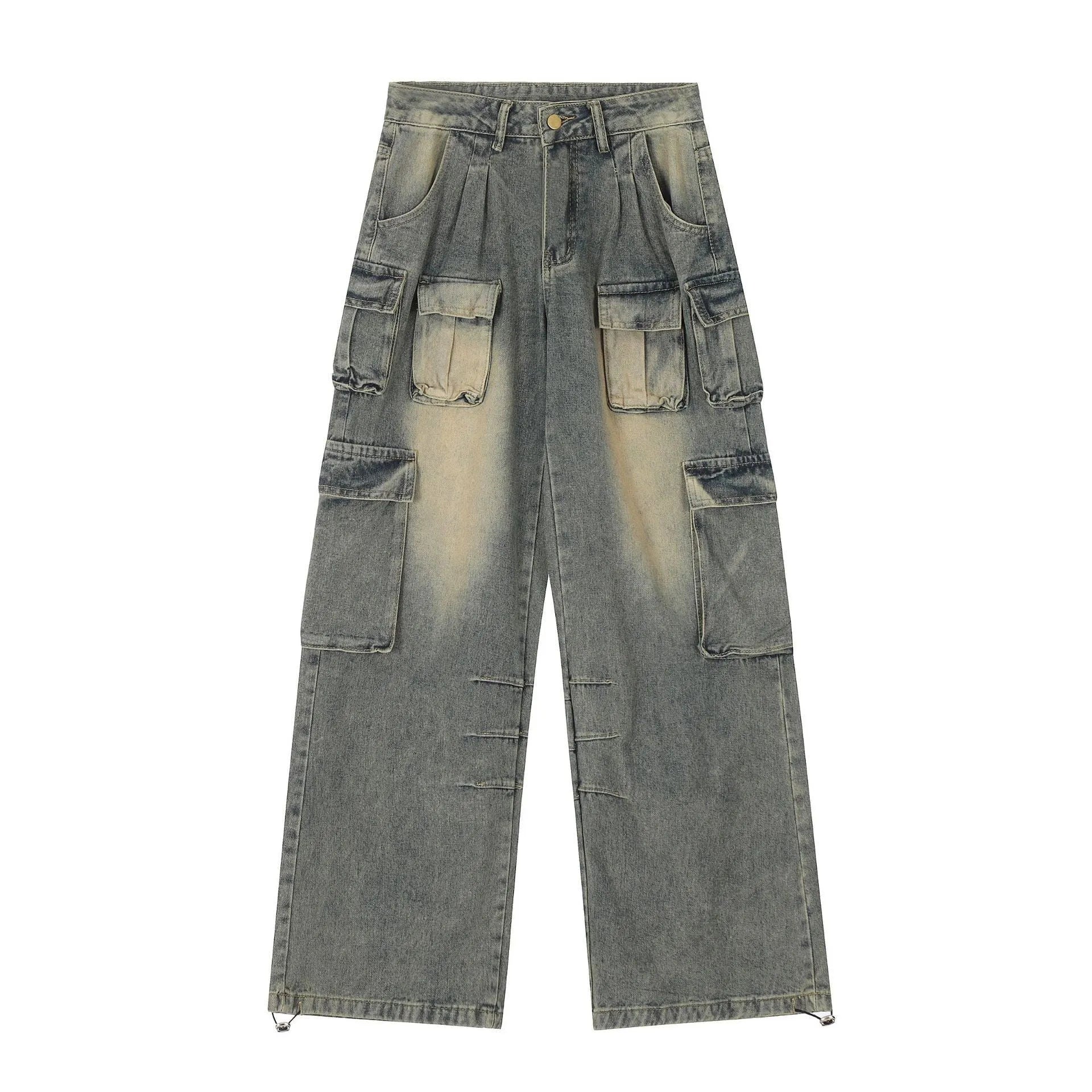 Men's loose fit straight leg distressed denim jeans with multiple pockets in tooling design