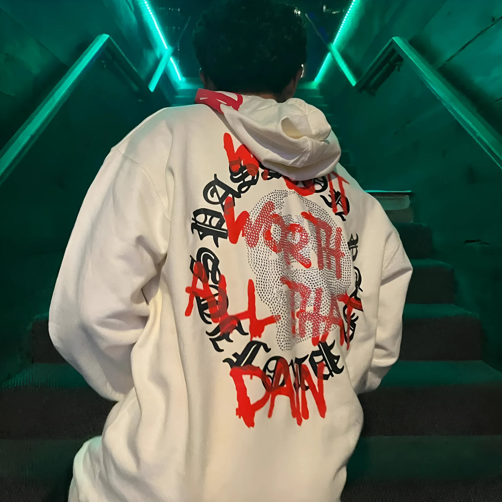 Printed skull and letter pattern hooded sweatshirt with hot rhinestone details in loose cardigan style