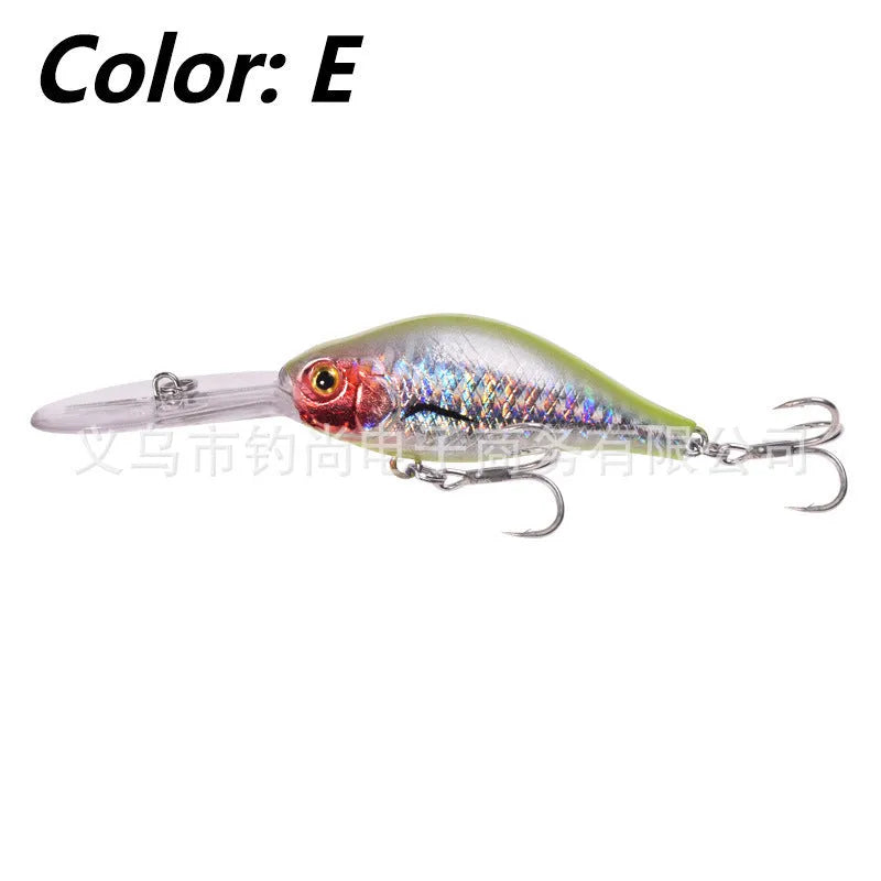 Mino fishing lure with deep diving long tongue board, 10.5cm length, 15g weight, five colour options