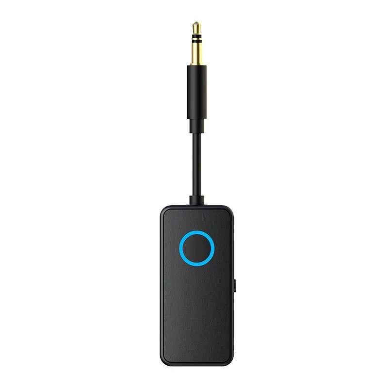 Black Bluetooth 5.4 audio adapter with flexible 3.5mm plug for wireless streaming to wired sound systems