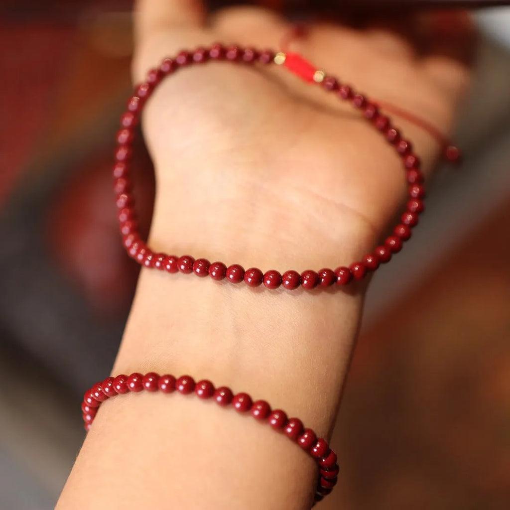 Handmade natural cinnabar bracelet with purple gold sand geometric design, traditional Chinese style jewellery