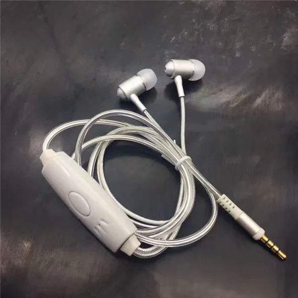 Blue wired earphones with glowing LED light lines on earpieces, showing 3.5mm plug and inline remote.