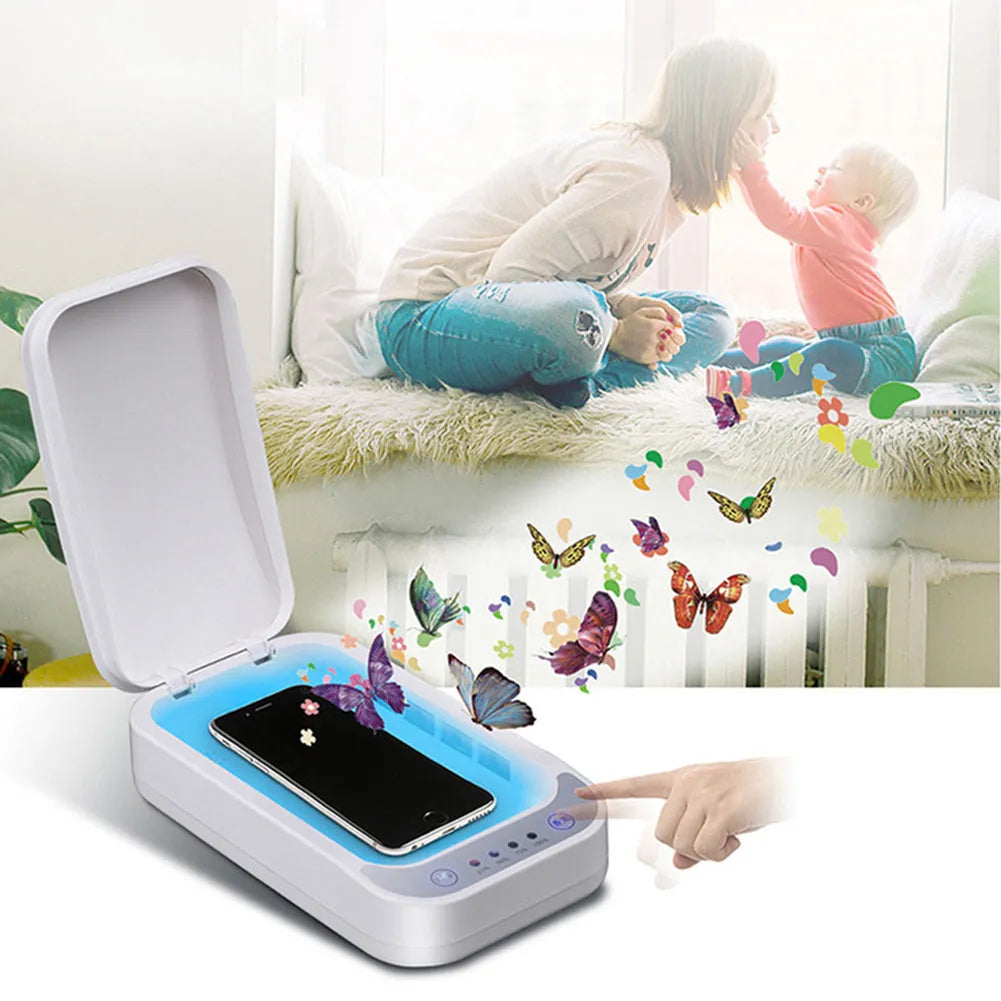 Blue and white ultraviolet disinfection box for mobile phones with aromatherapy function.