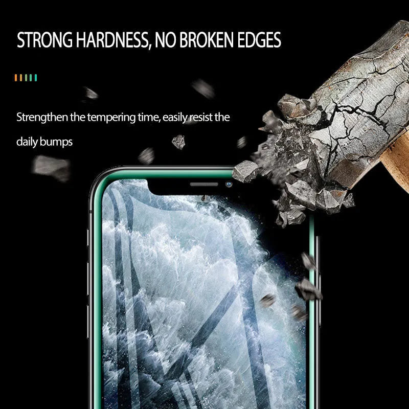 Luminous full cover tempered glass screen protector glowing on an iPhone in a dark setting.