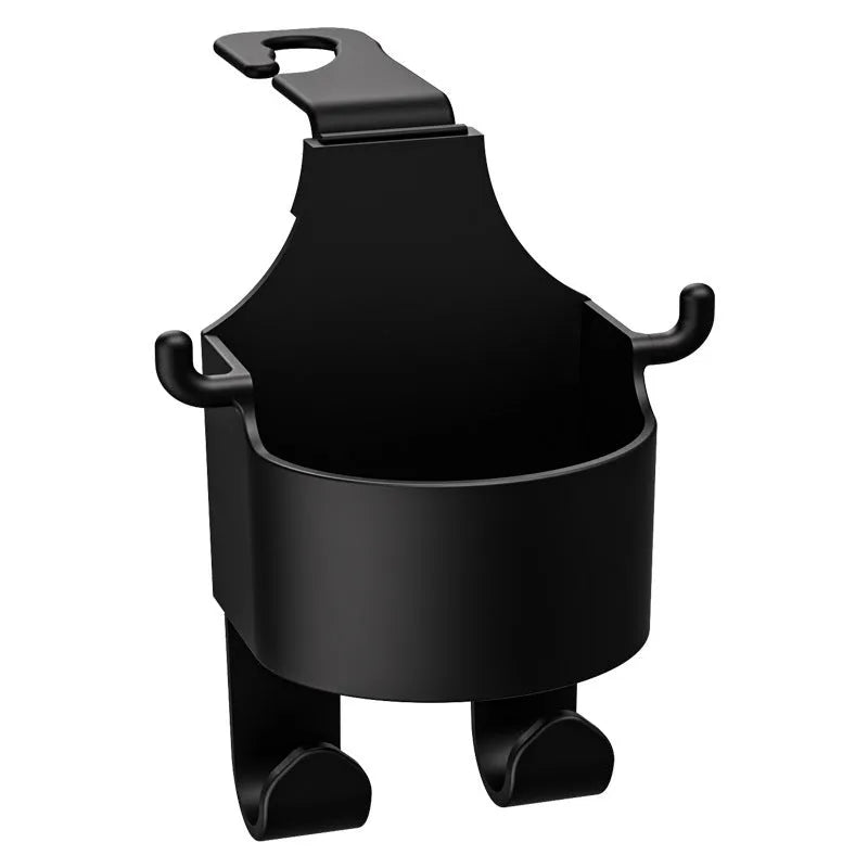 Black plastic car seat back hook and cup holder organiser measuring 8.5 by 7.1 by 14.4 centimetres