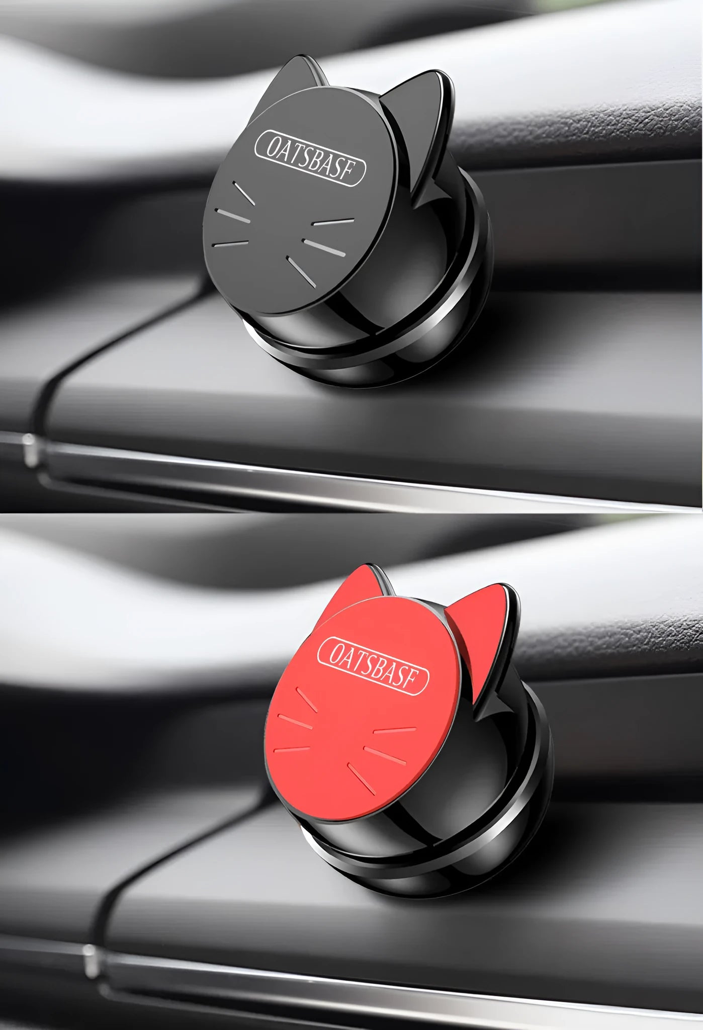 OATSBASF universal magnetic car phone holder with 360-degree rotation in black, white, and brilliant red