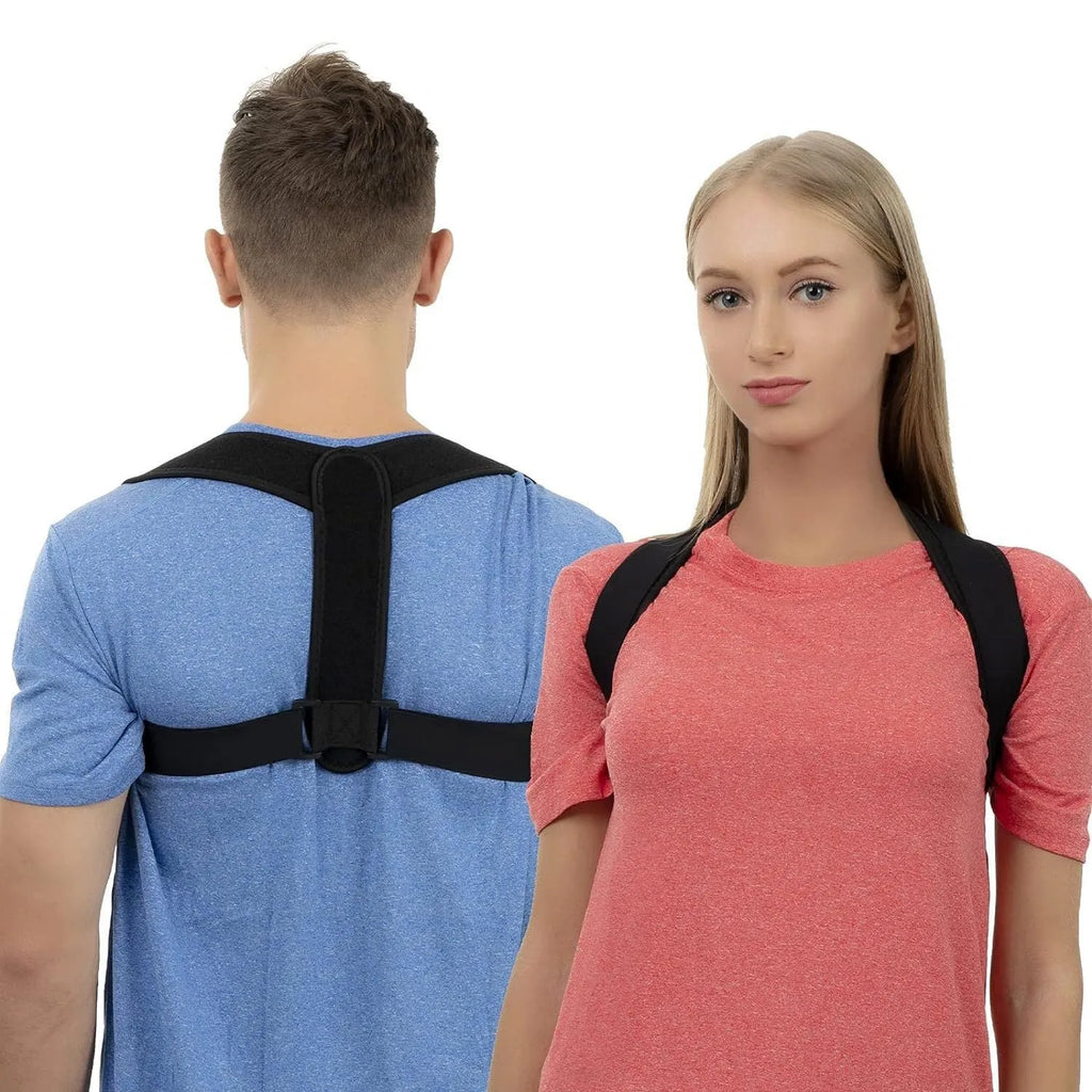 Black adjustable posture correction strap with hook fastening on mannequin torso