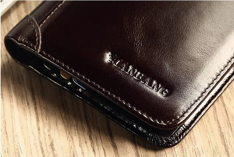 Men's leather wallet showing internal compartments including card slots, hidden pocket and photo position