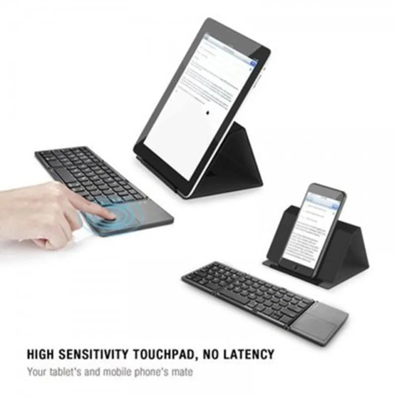 Folding Bluetooth keyboard with 64 ABS keys, built-in touch plate, in black colour, folded for portability