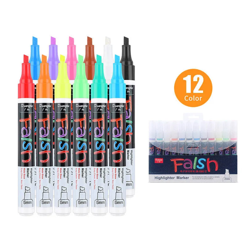 Electronic fluorescent plate highlighter pen with 6mm oblique tip shown in 8-colour set for writing on presentation boards