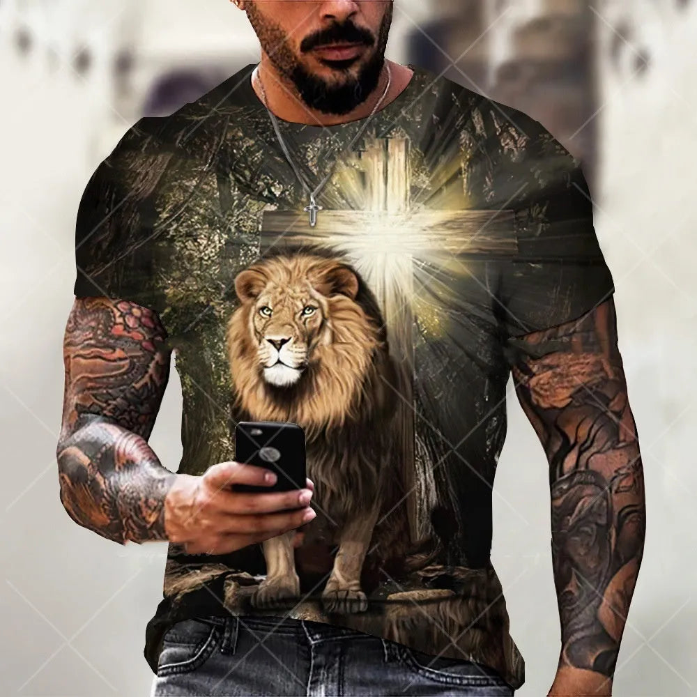 Men's grey T-shirt with a raised 3D printed Jesus pattern on the chest, short sleeves.