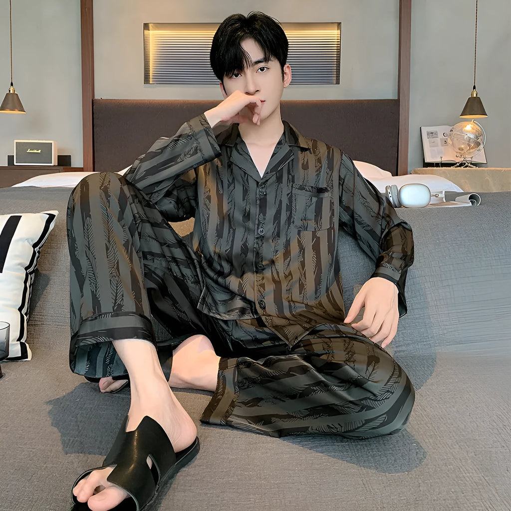 Men's black stripes ice silk pajama set with V-neck top and trousers