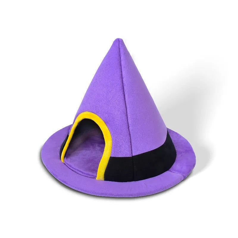 Purple Halloween witch hat shaped cat bed measuring 60cm by 45cm