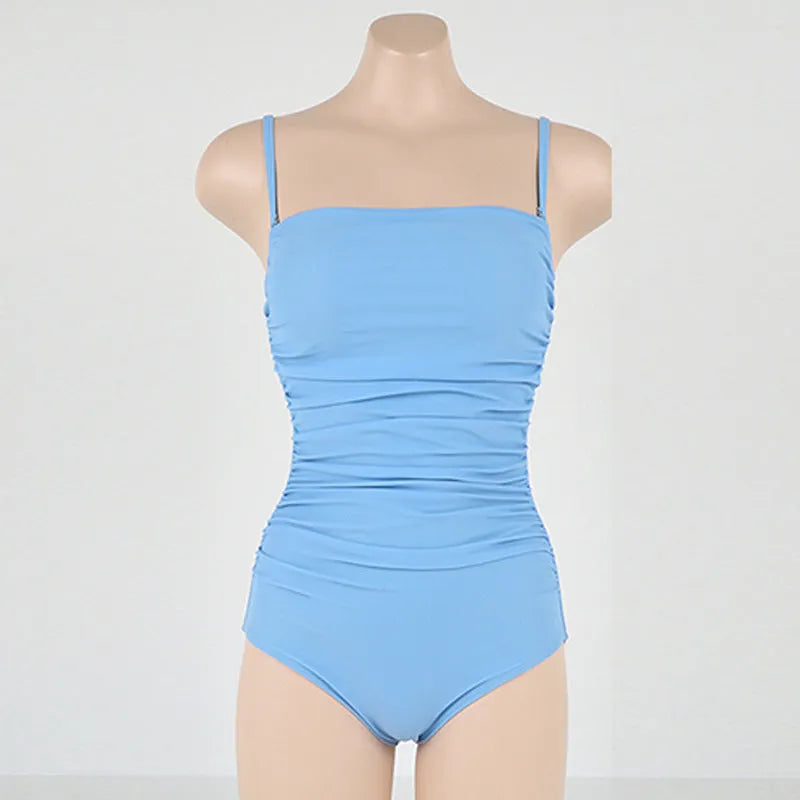 Sling style belly pleated one-piece swimsuit in slim fit available in blue, white, yellow, black colours