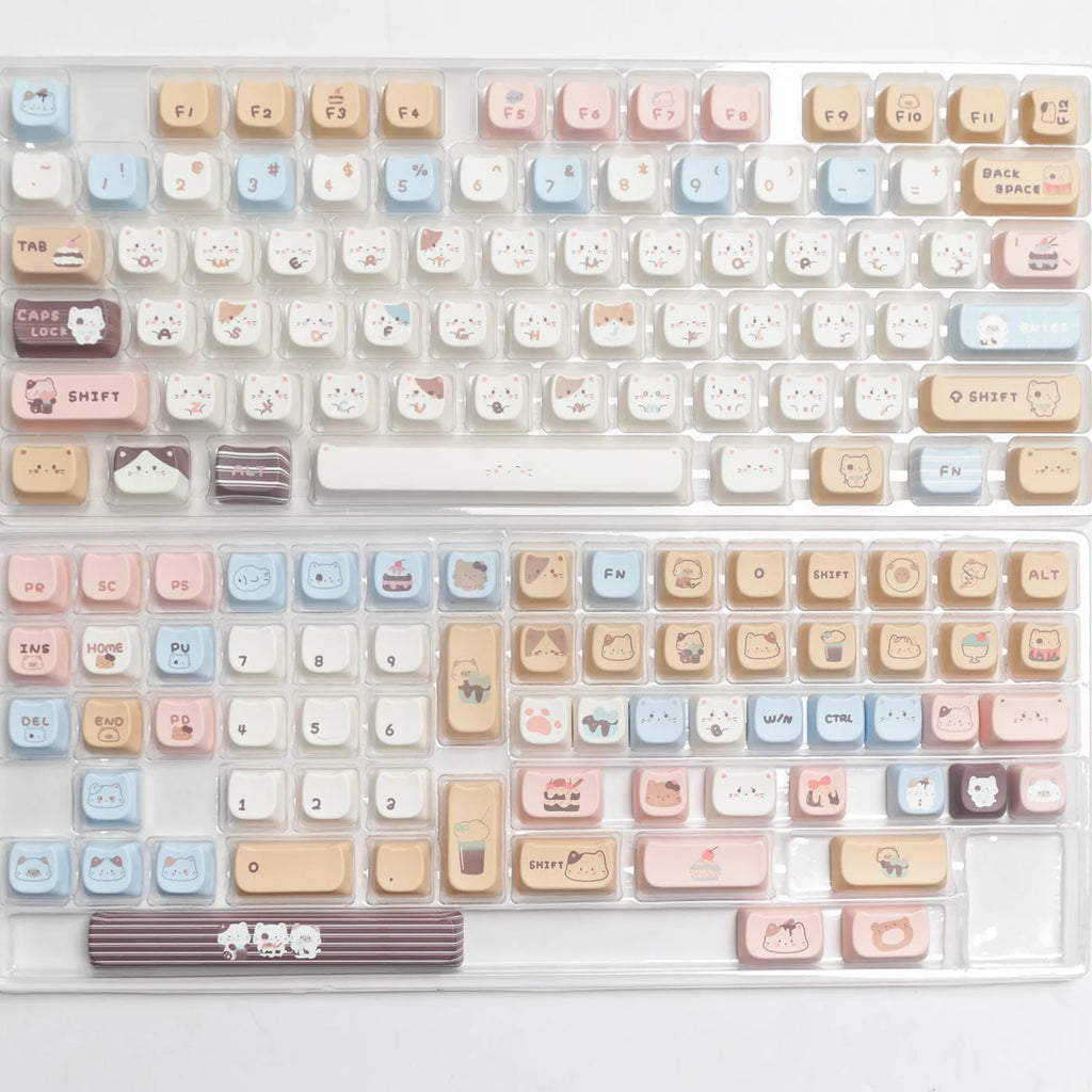 Sea Salt Cat themed PBT key cap set with March layout and 7u spacebar supplement for mechanical keyboards