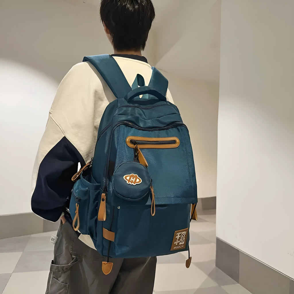 Large-capacity nylon school backpack for middle school students in solid colour with curved shoulder straps
