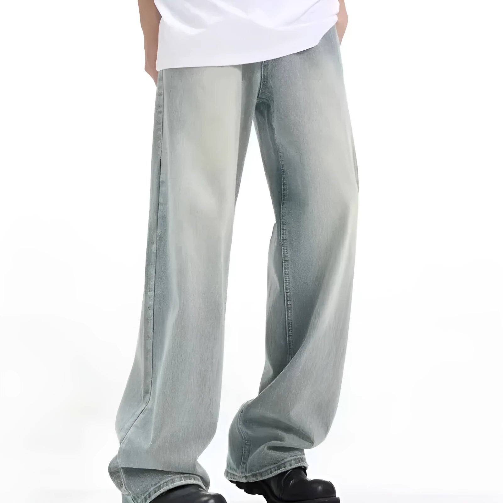 Blue loose retro trousers made from rabbit fur fabric with elastic waistband
