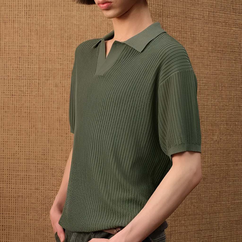 Men's loose fit polo shirt with business stripes in ice silk fabric, shown in creamy-white colour