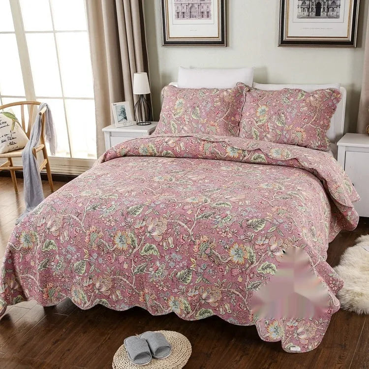 Pure cotton bedspread three-piece set with geometric print pattern showing bed cover and pillowcases