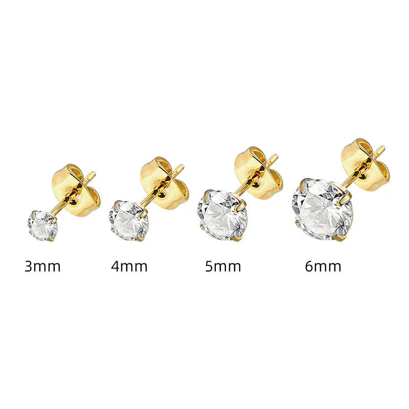 Titanium steel zircon stud earrings in round and square designs with 2mm to 8mm size options