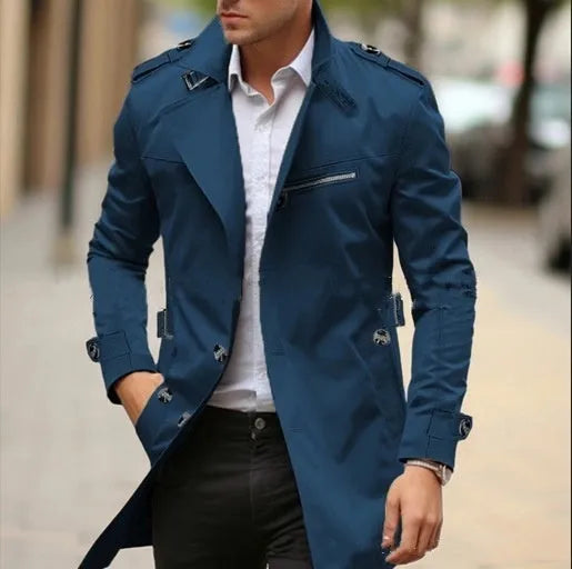 Men's mid-length lapel casual jacket in army green colour with side seam pockets.