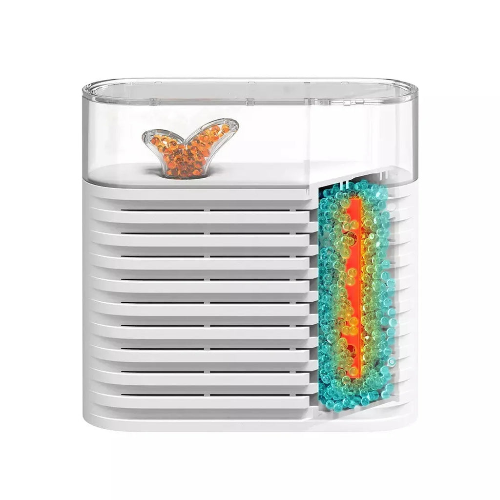 White reusable electric cabinet dehumidifier with transparent top showing orange silica gel crystals.