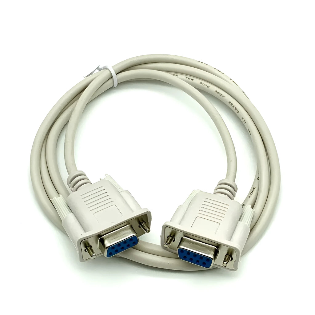 Milky white female to female RS232 serial cable with DB9 connectors, 1.5 metres long
