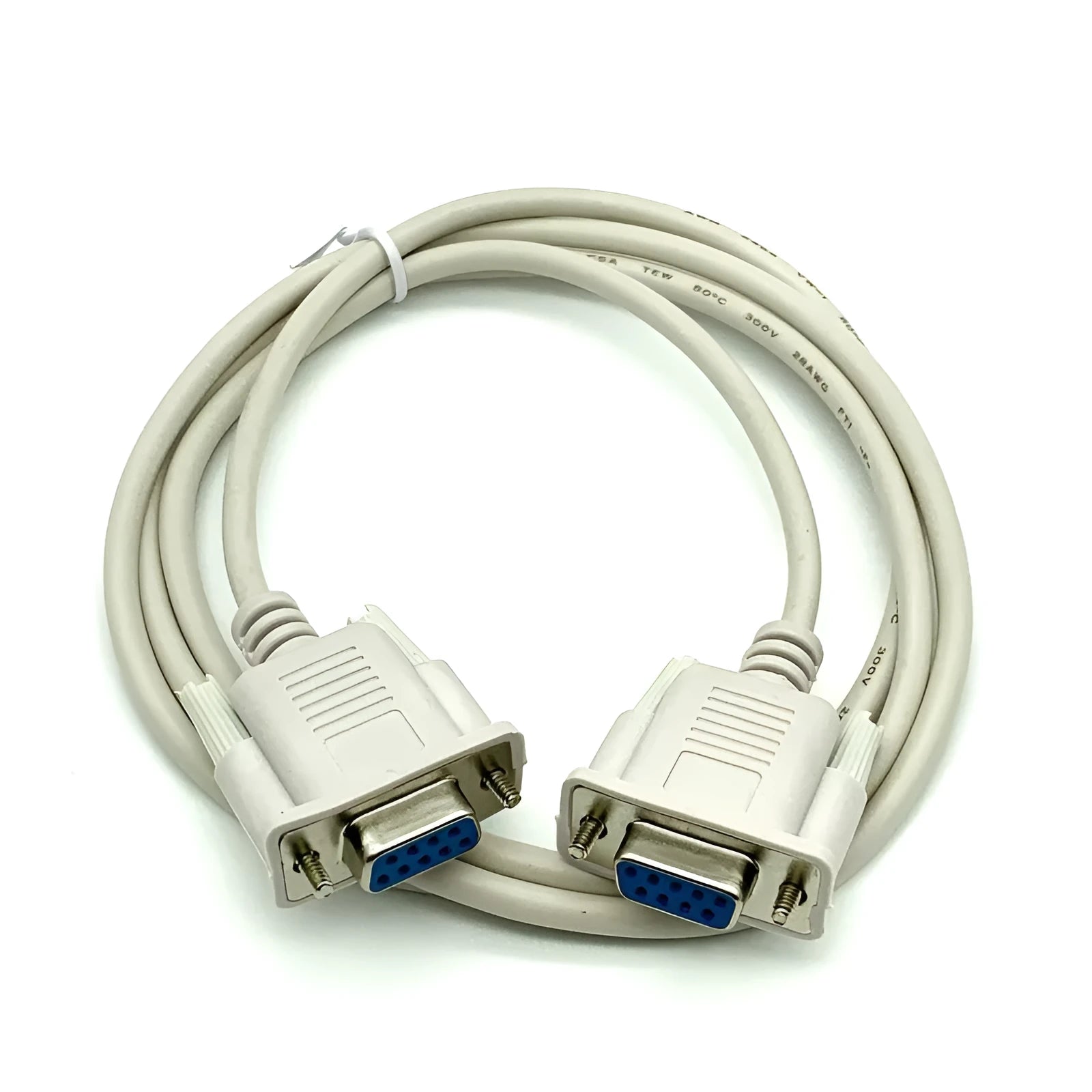 Milky white female to female RS232 serial cable with DB9 connectors, 1.5 metres long
