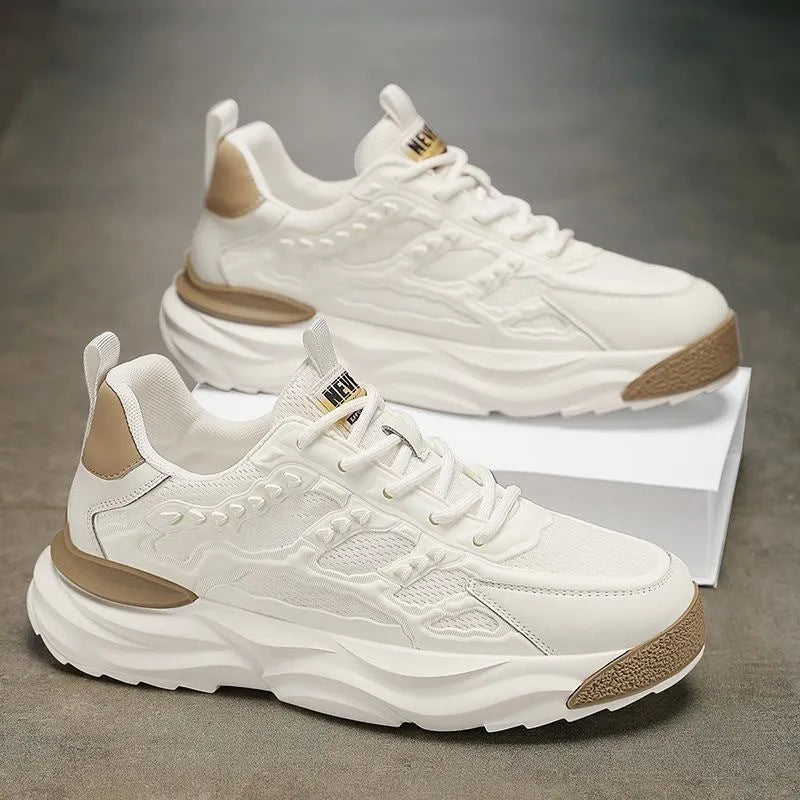 Men's white and black breathable mesh casual shoes with round toe, shown from the side.
