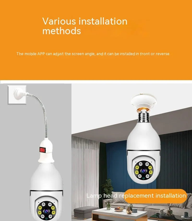 Wireless bulb camera with 1080p lens and metal plastic body for indoor outdoor WiFi security monitoring