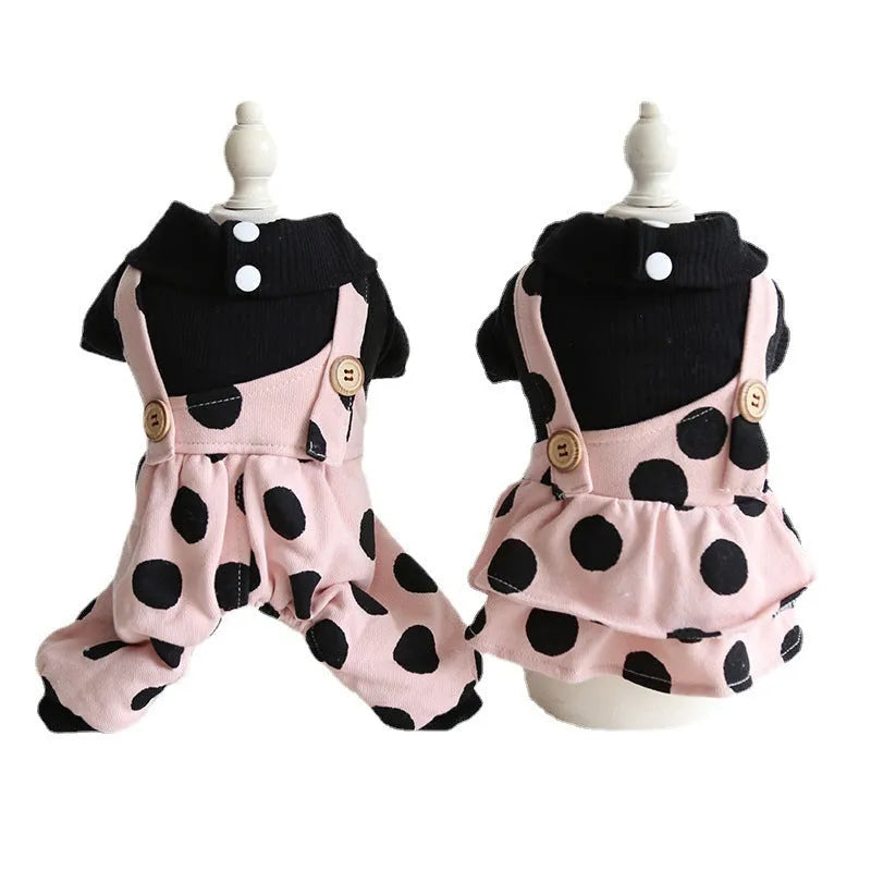 Casual cloth dog clothes showing skirt and four-legged style options in various sizes