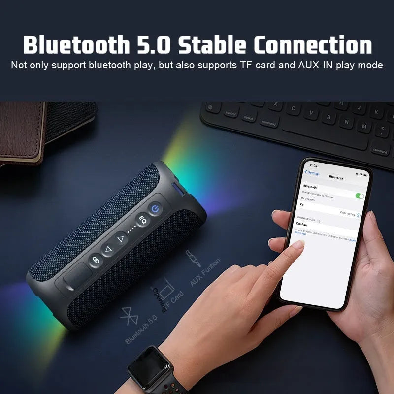 Black and blue fabric Bluetooth speaker with RGB lighting and waterproof construction