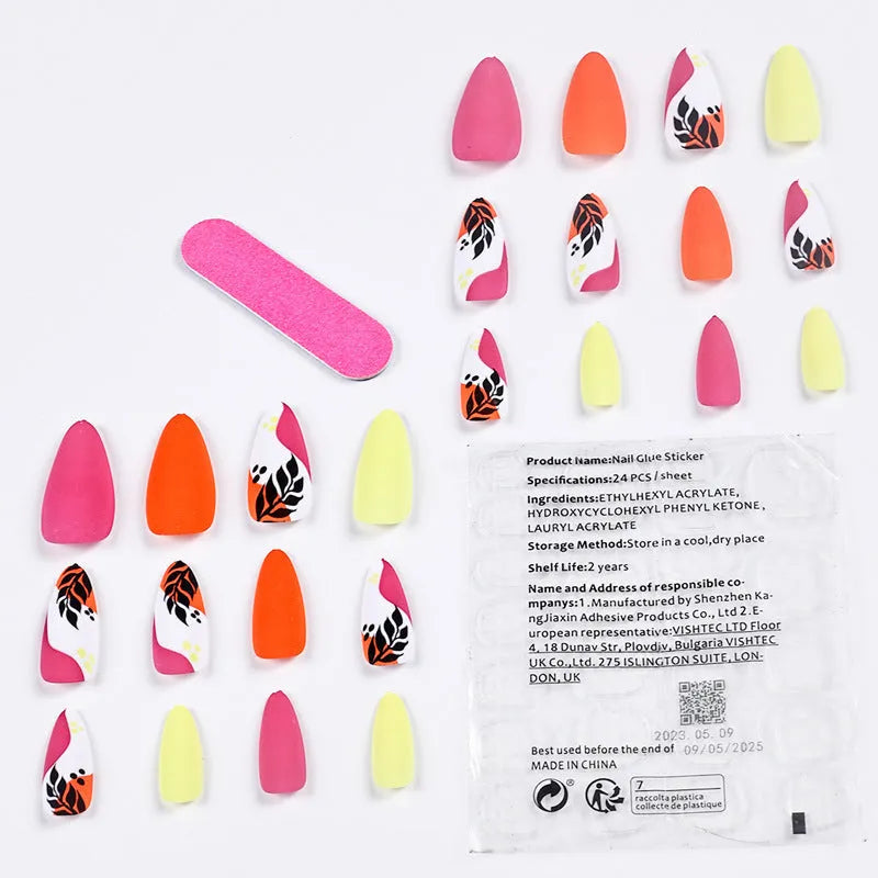 Four boxes of almond shaped nail stickers showing French colourful leaves, colourful plating, star flash macarons, and gradient leopard print designs