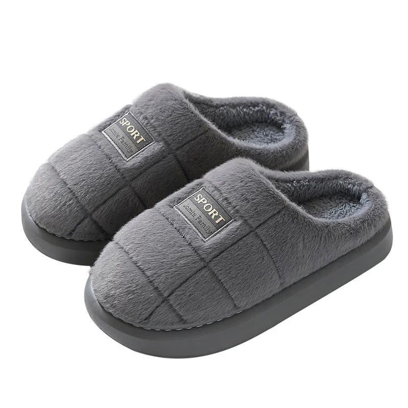 Men's grey and brown plaid cotton slippers with artificial wool lining and EVA soles