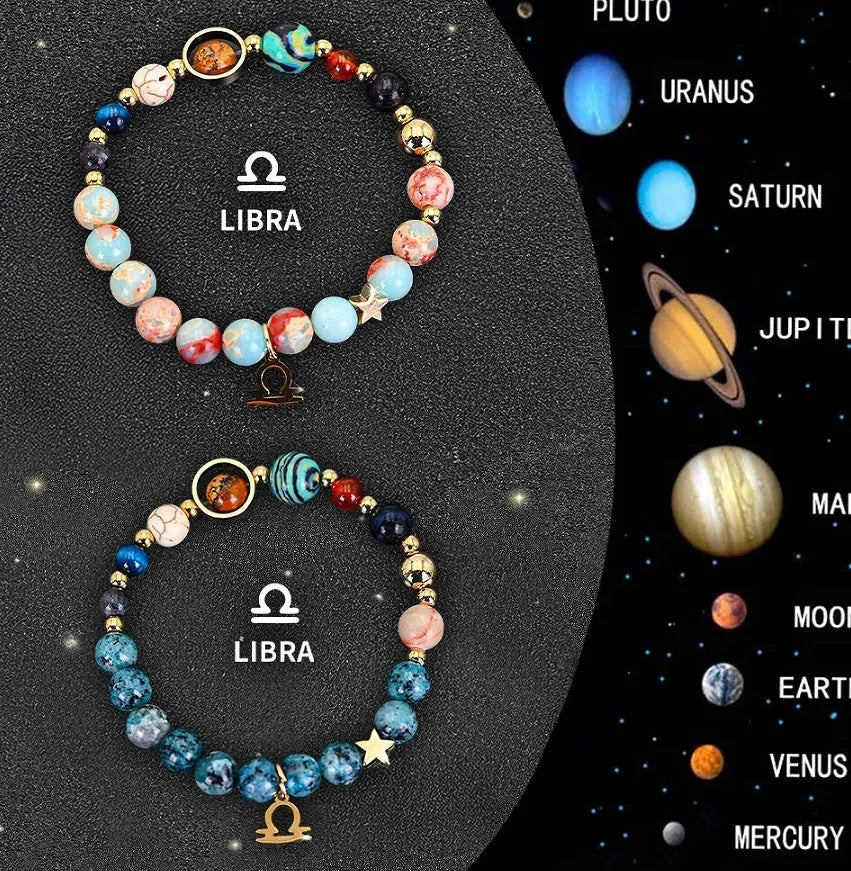 Two natural stone beaded bracelets with adjustable cords, presented as a zodiac sign bracelet set.