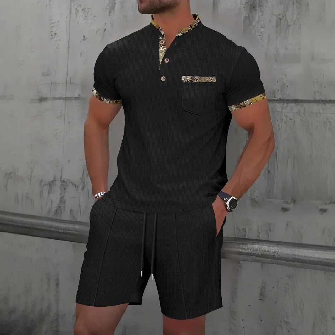Men's grey summer suit with polo collar short sleeve jacket and matching shorts on hanger