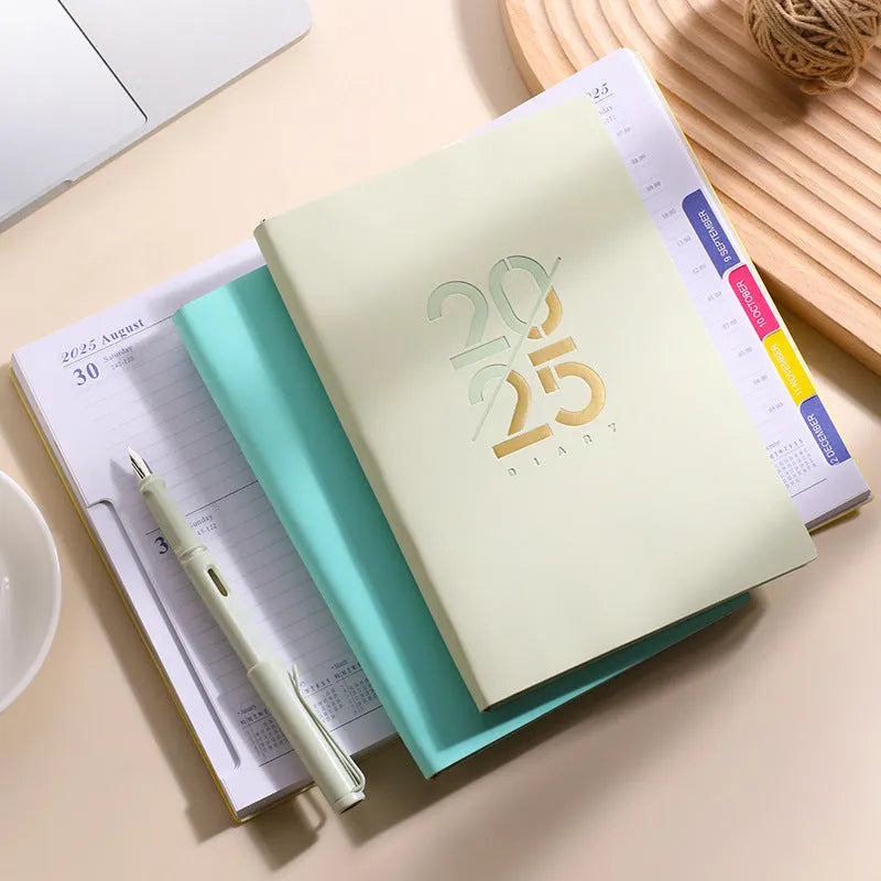 2025 A5 daily planner with faux leather cover showing colour options and open pages