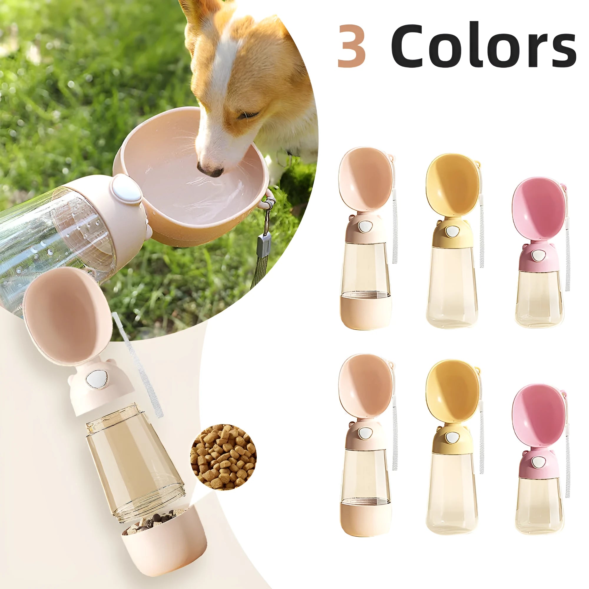 Portable dog water bottle and feeder bowl in brown, pink, or yellow colours for outdoor use