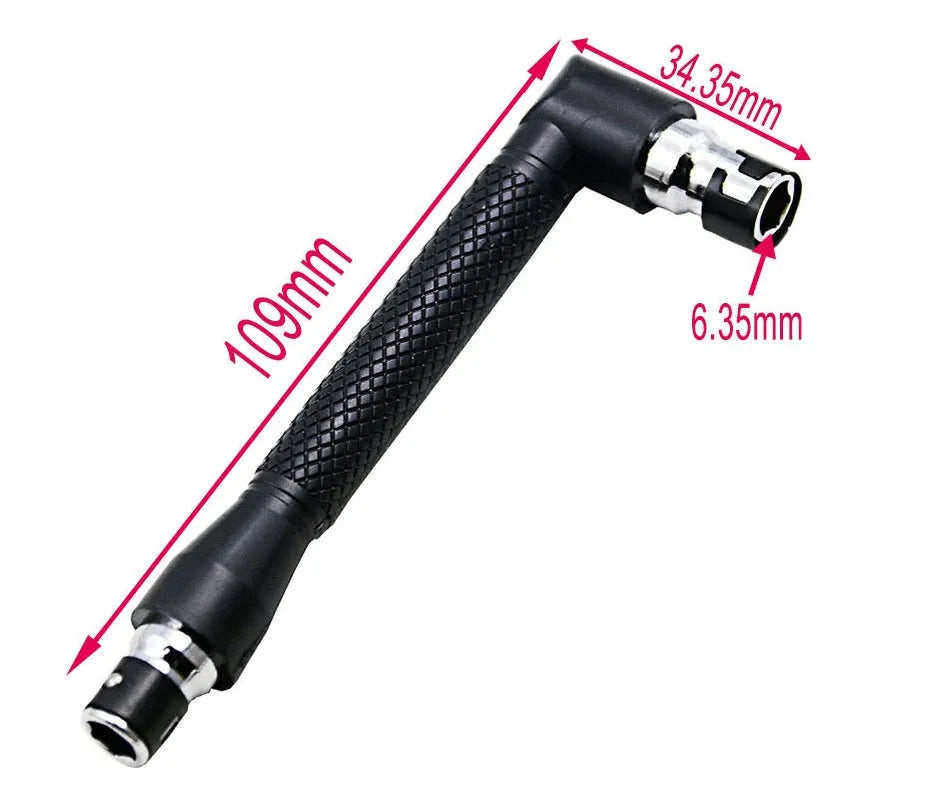 L-shaped socket wrench handle with ten different screwdriver bits arranged alongside