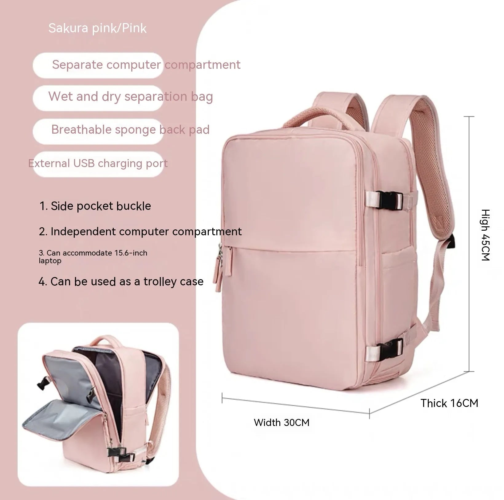 Large black nylon mummy-style travel backpack with a waterproof lining.